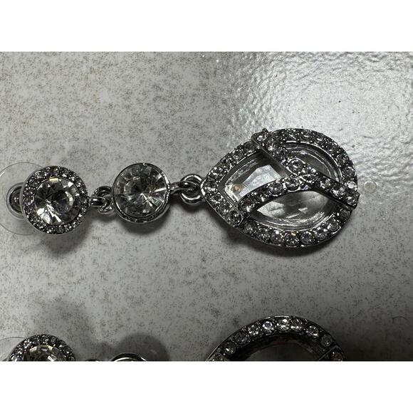 Silver Tone Crystal Teardrop Dangle Earrings Rhinestone Sparkle 2.25” - Picture 2 of 4